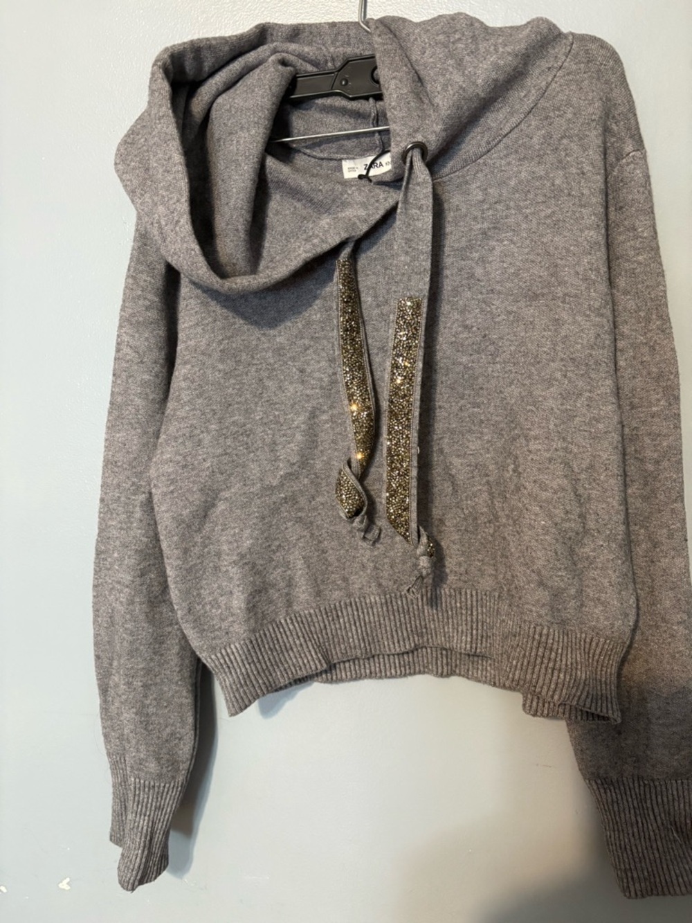 Zara Gray Cowl Neck Sweater with Gold Glitter Drawstrings